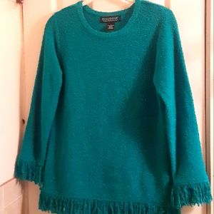 Dialogue Teal Long Sleeve Fringe Trim Tunic Sweater Small Scoopneck